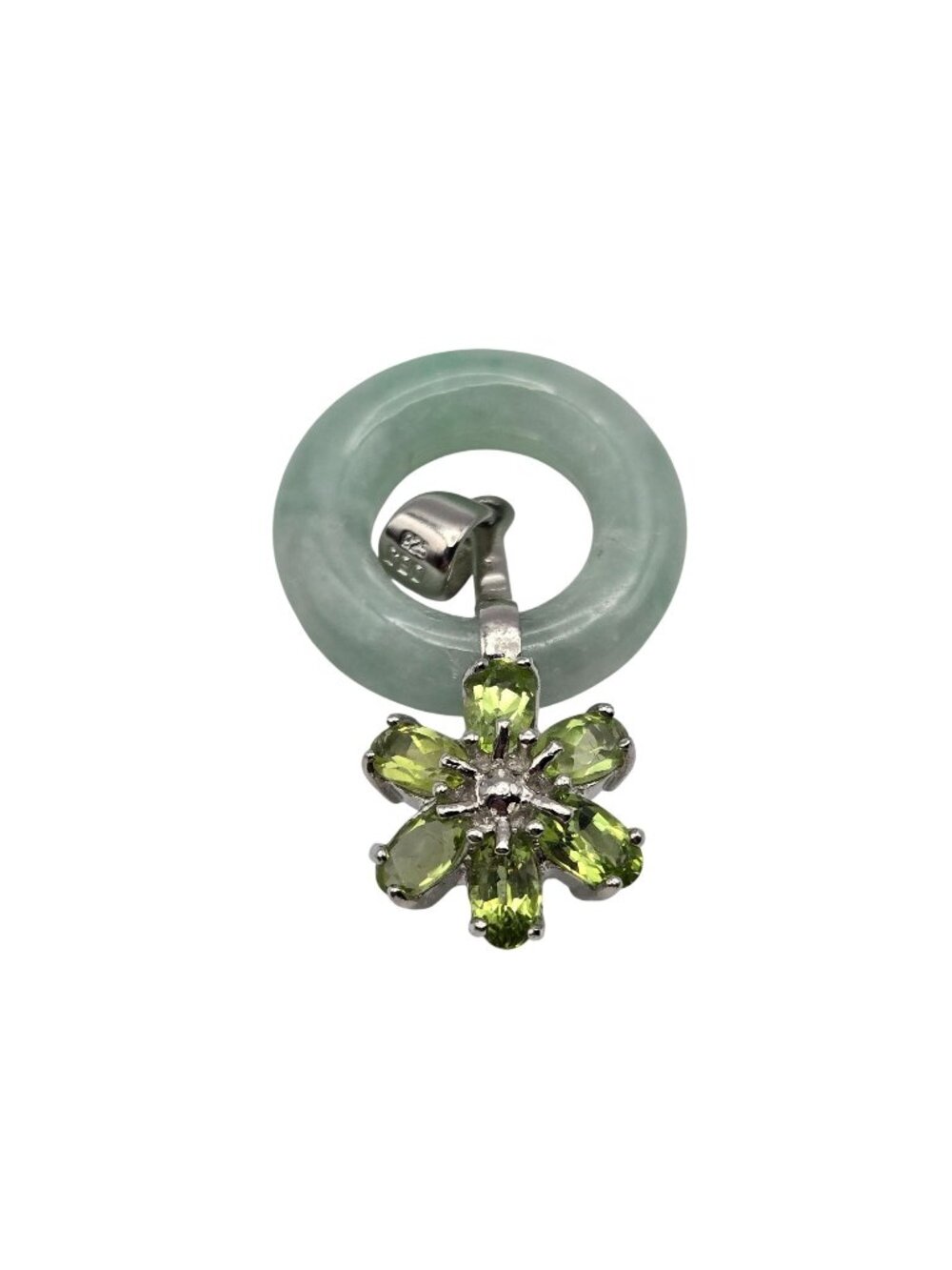 Vintage DBJ 925 Sterling Silver Green Jade Donut Pendant Peridot Flower